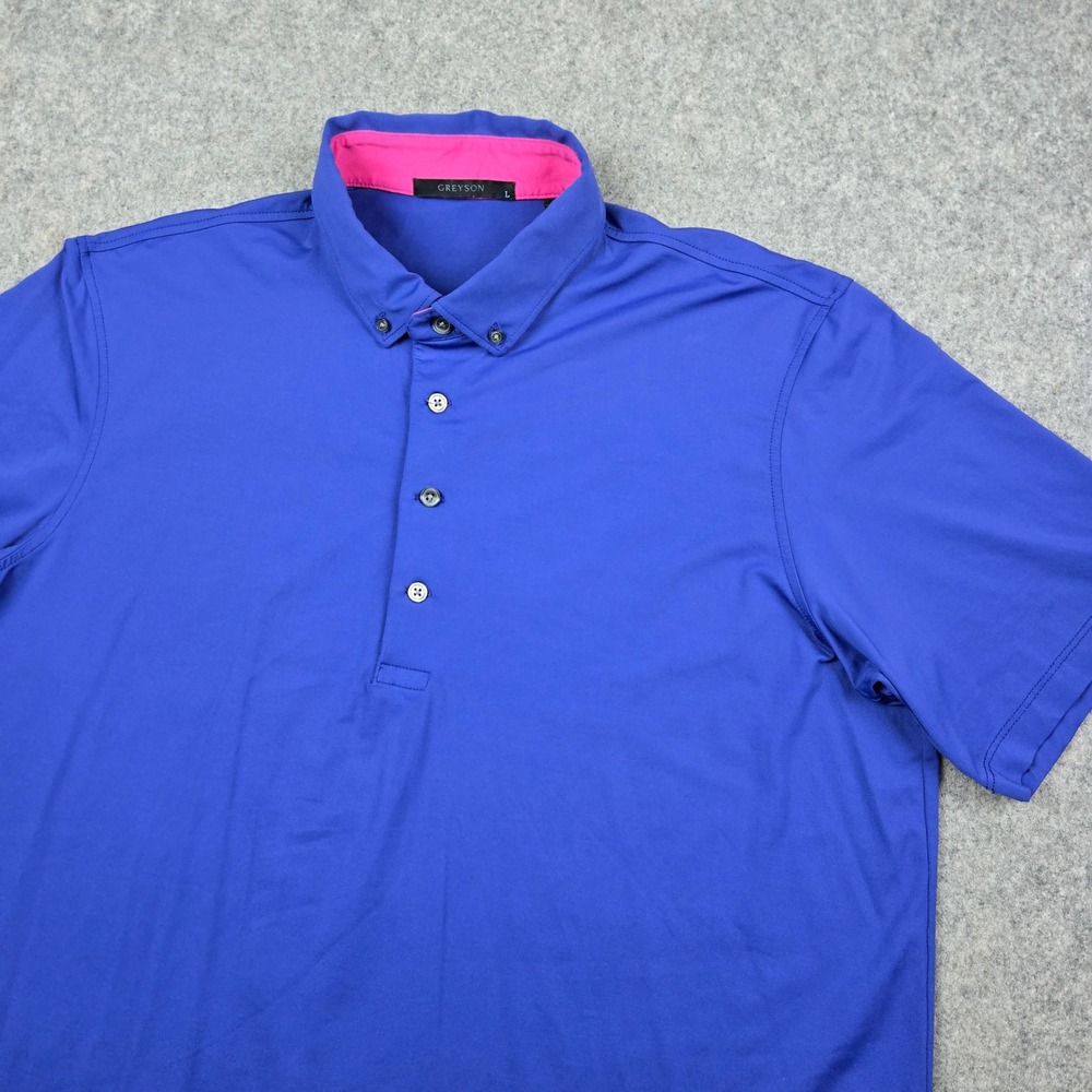 Greyson Golf Polo Mens Large Blue Pink Contrast Trim Performance Wolf Logo Shirt